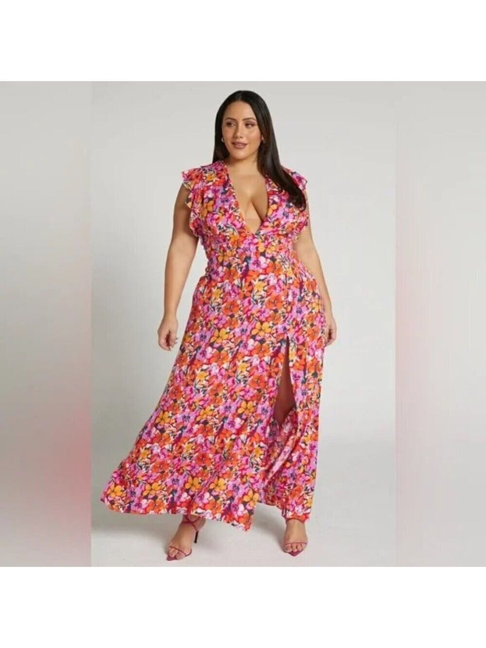 Showpo Womens Dyliah Frill Plunge Maxi Dress Floral Thigh High Split Size 14 NWT - Picture 11 of 11